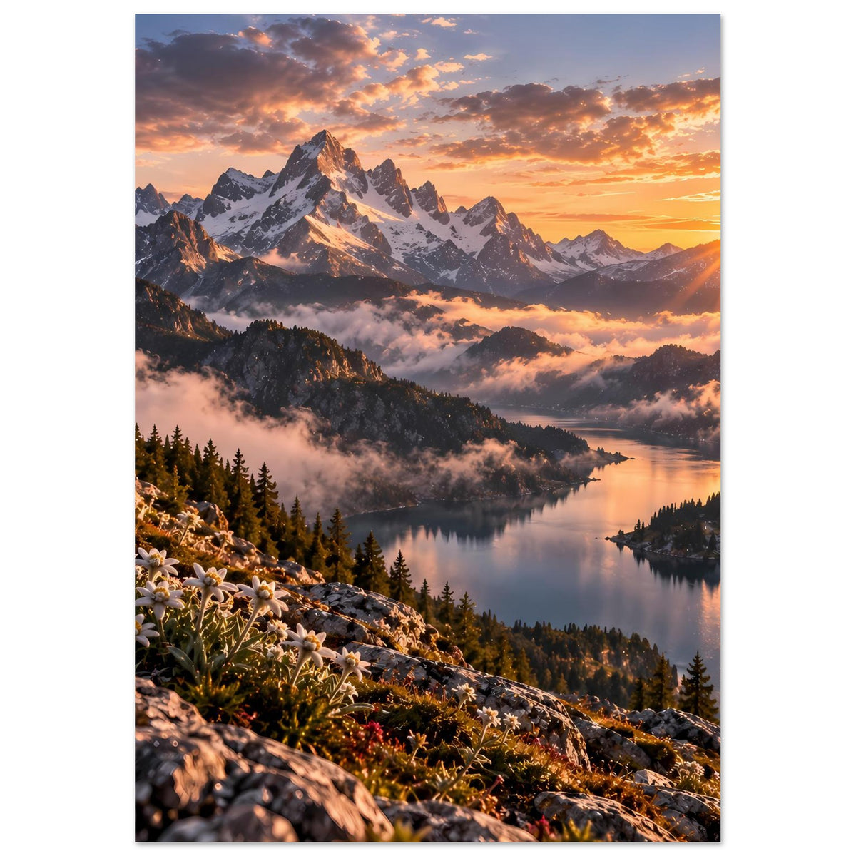 Alpenposter: Sonnenaufgang über Gipfeln, Bergsee und Blüten am steinigen Hang