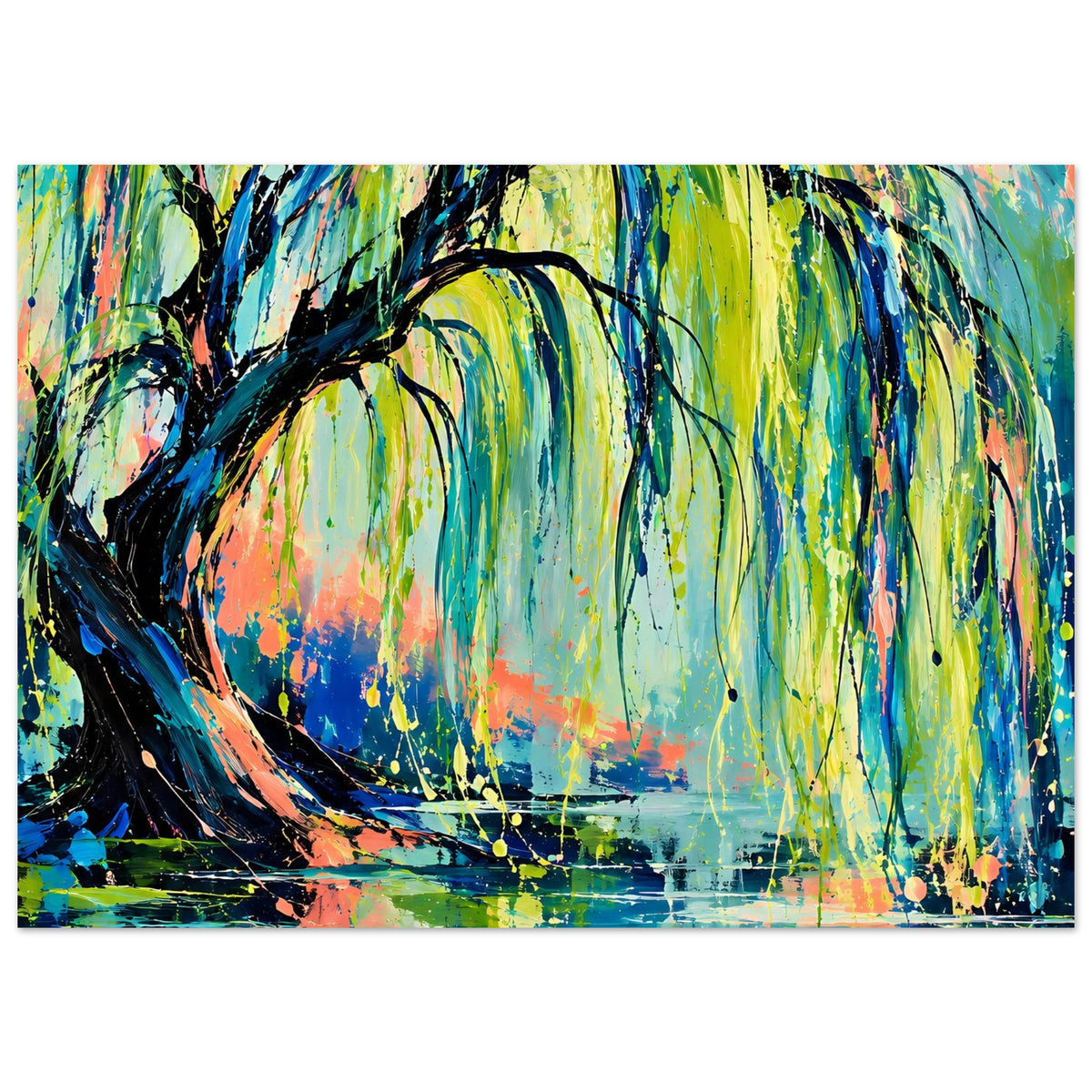 Horizontales Poster mit abstraktem Baum und Wasserfläche, grün-blaue Töne, orange Akzente