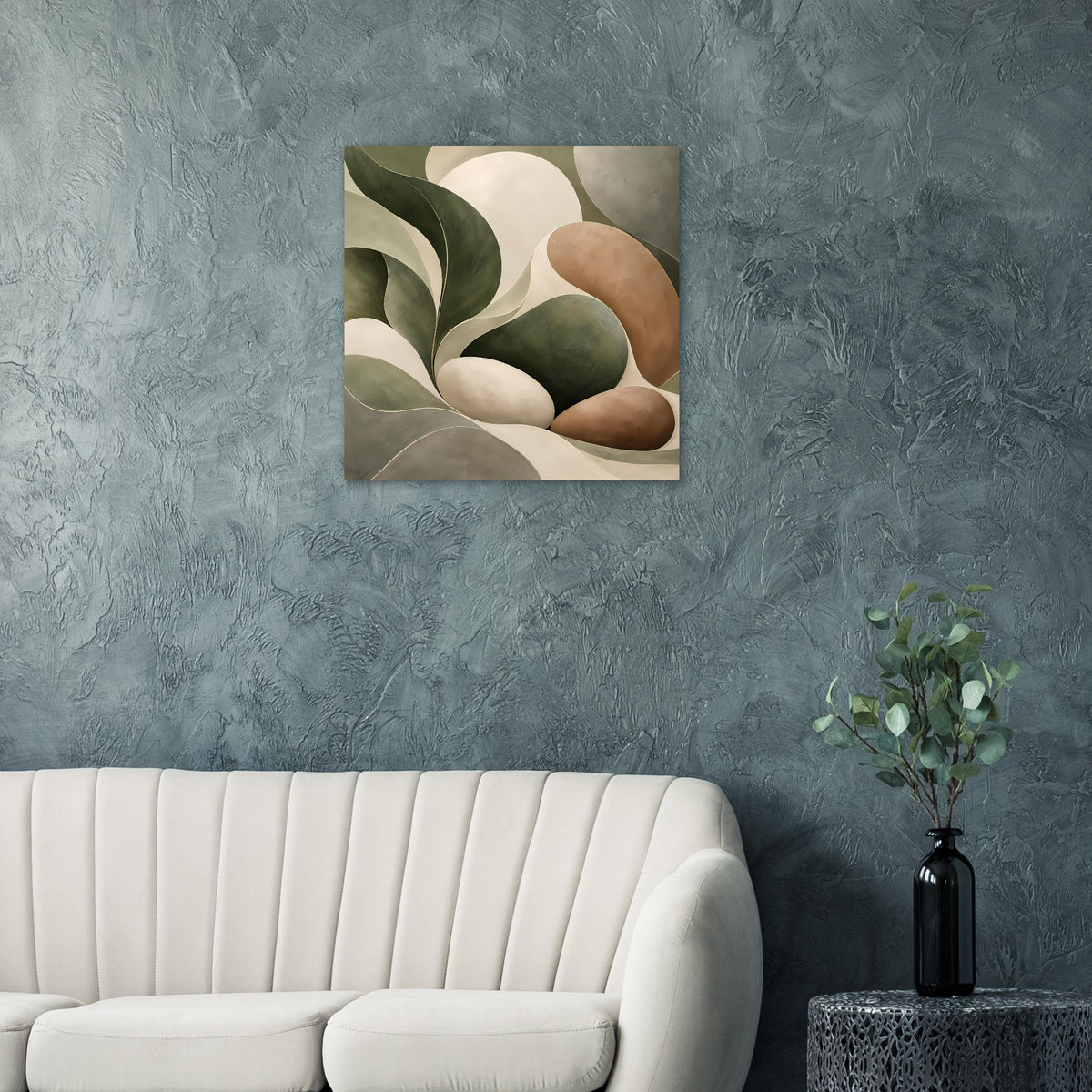 Abstraktes Poster im quadratischen Rahmen mit Naturwellen in Grün-, Beige- und Brauntönen