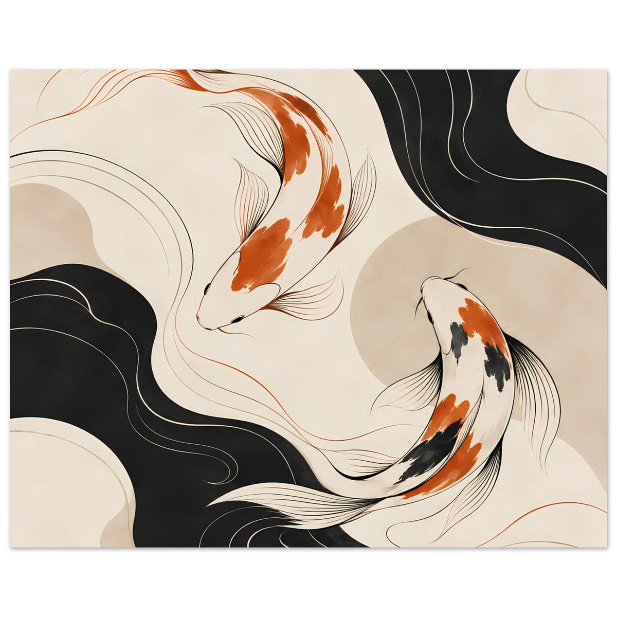 Japanisches Koi-Fisch-Poster: schwarze Wellenlinien, orangefarbene und weiße Fische auf beigem Hintergrund