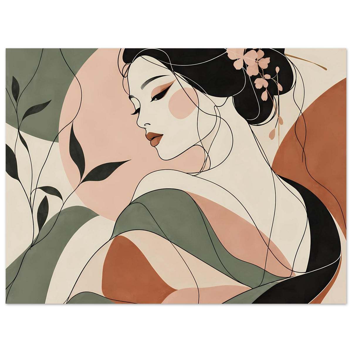 Zen-Poster mit Geisha-Motiv: Profilfrau mit schwarzem Haar, rosa Blüten und grünem Kleid
