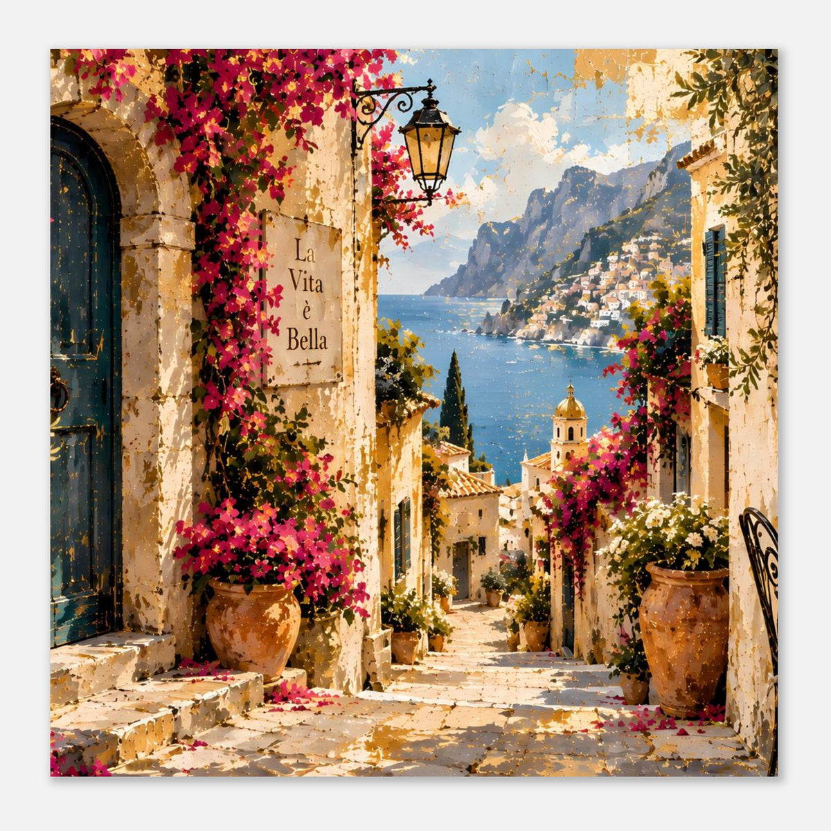 Poster mit mediterraner Gasse, blühenden Ranken, Kirche mit Kuppel und Straßenboden