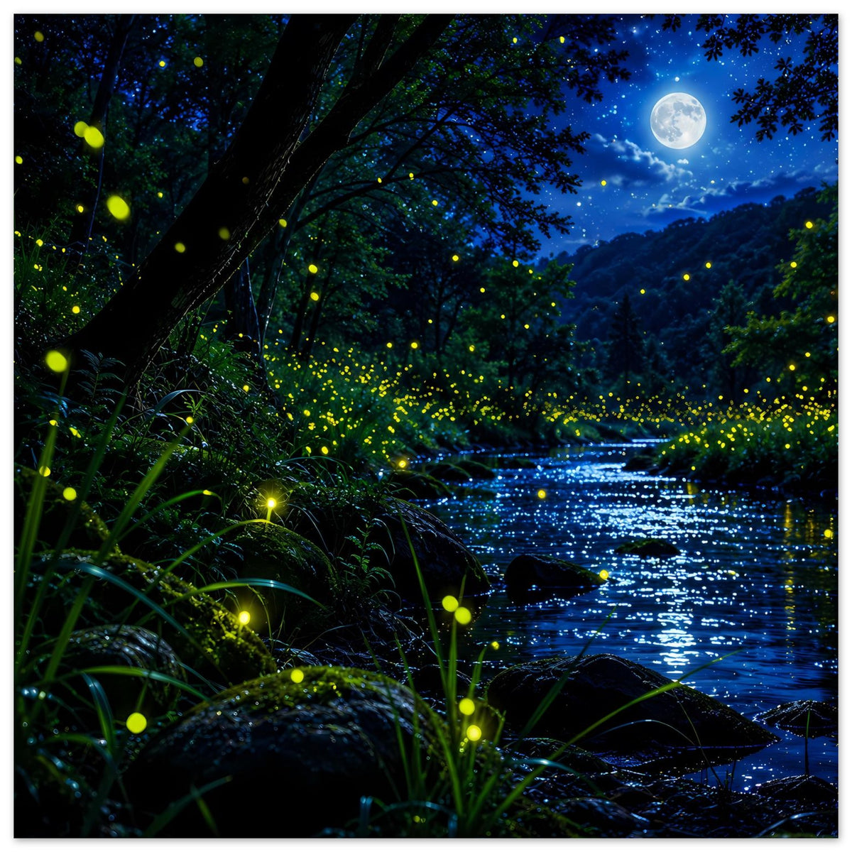 Wandposter im Hochformat: nächtlicher Fluss im Blauton mit leuchtenden Glühwürmchen und Mond
