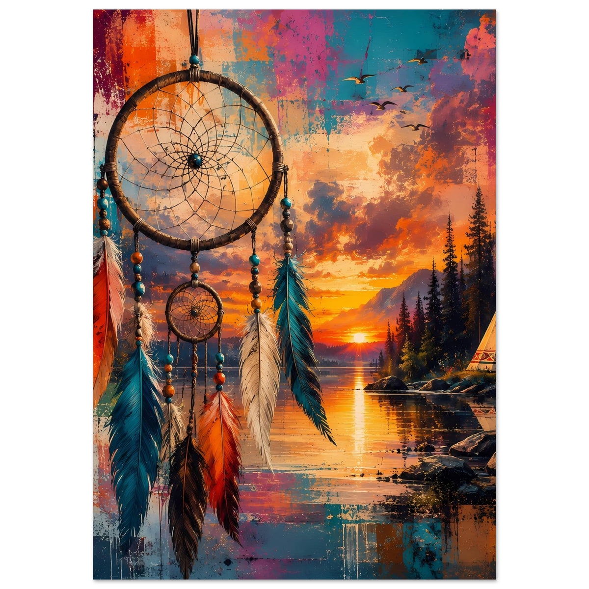 Boho-Poster mit Traumfänger: Fehdern in Türkis, Orange und Braun vor warmem Sonnenuntergang