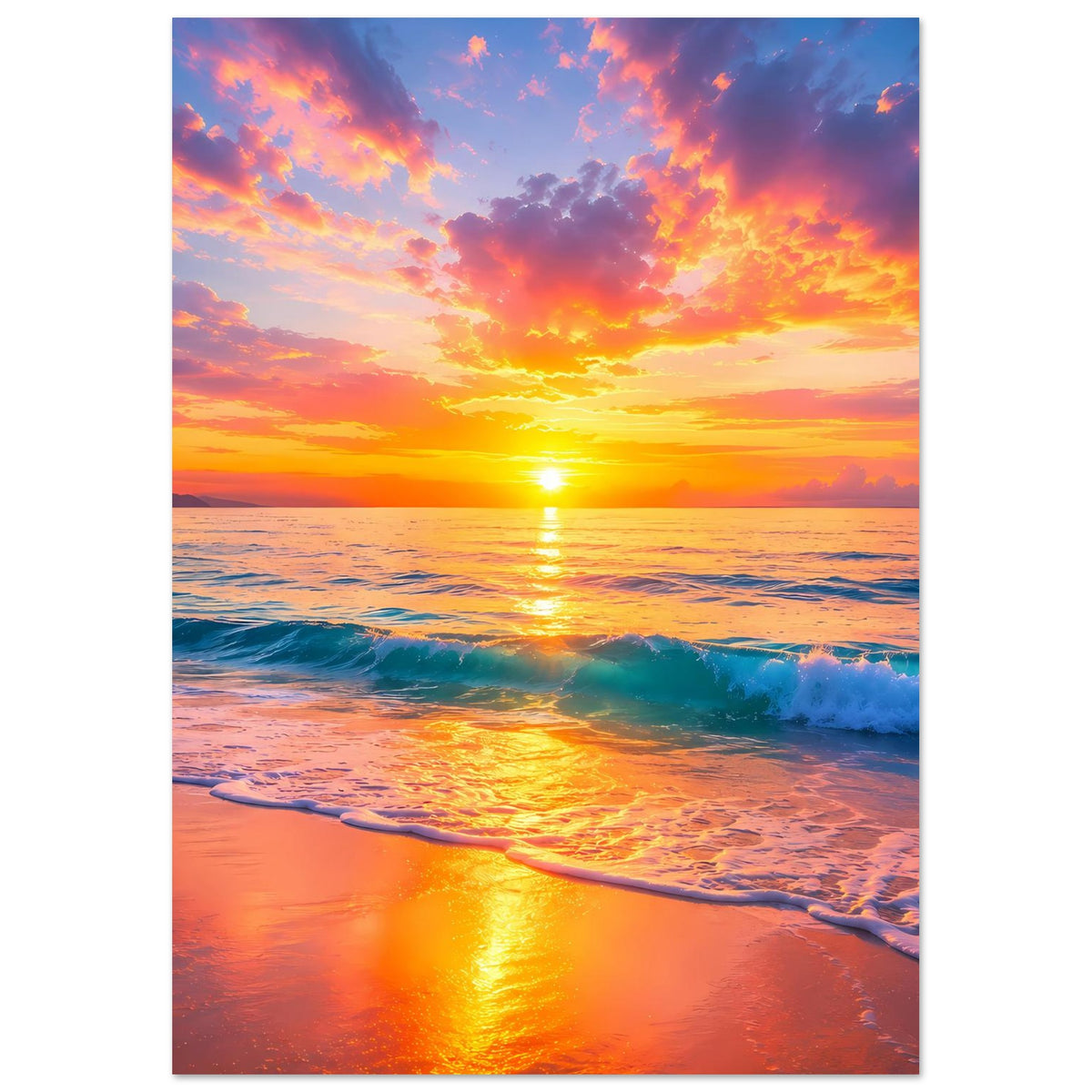 Sonnenuntergangs-Strandposter, vertikal: goldene Reflexion auf nassem Sand und Schaumwellen