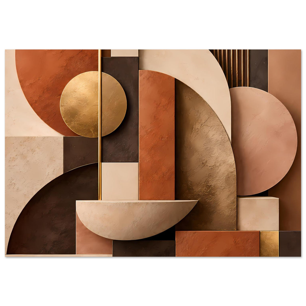 Kunstposter mit goldenen Kreisen, Terrakotta- und Beigrafik, großen Bögen und Blockmosaik
