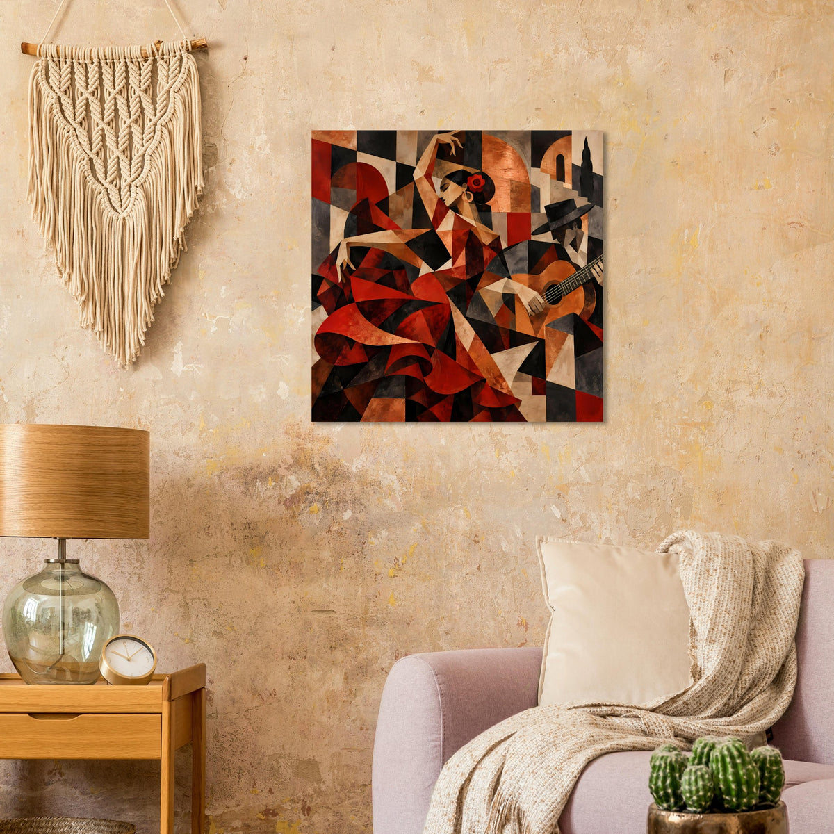 Quadratisches Kunstposter mit abstrakter Tänzerin, roten und schwarzen Farbflächen