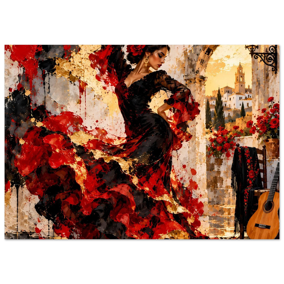 Poster mit Flamenco-Tänzerin in Schwarz, roter Farbnebel-Optik, Gitarre rechts im Bild