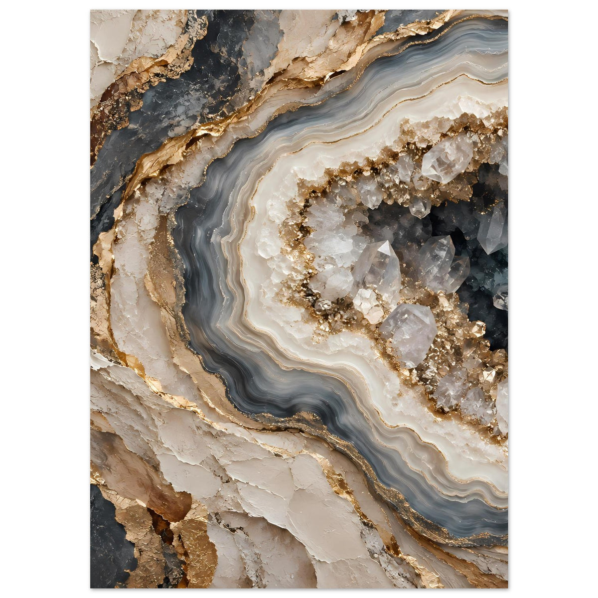 Geoden-Poster im Hochformat mit ringförmiger Kristallstruktur und goldschimmernden Körnern