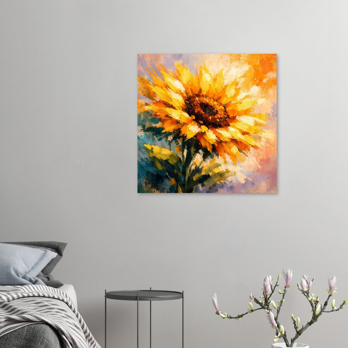 Quadratisches Poster: Sonnenblume in warmen Farben mit dunklem Zentrum und Pinselstruktur