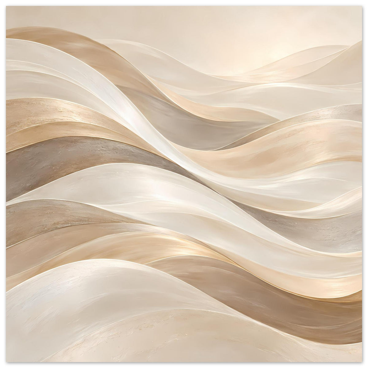 Kunstposter mit abstrakten Wellen in Creme, Gold und beigen Grautönen, breiter Blick