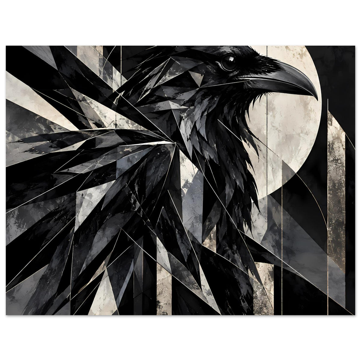 Kunstposter: geometrischer Rabe in Schwarz und Weiß, gerahmtes Motiv mit scharfem Federverlauf