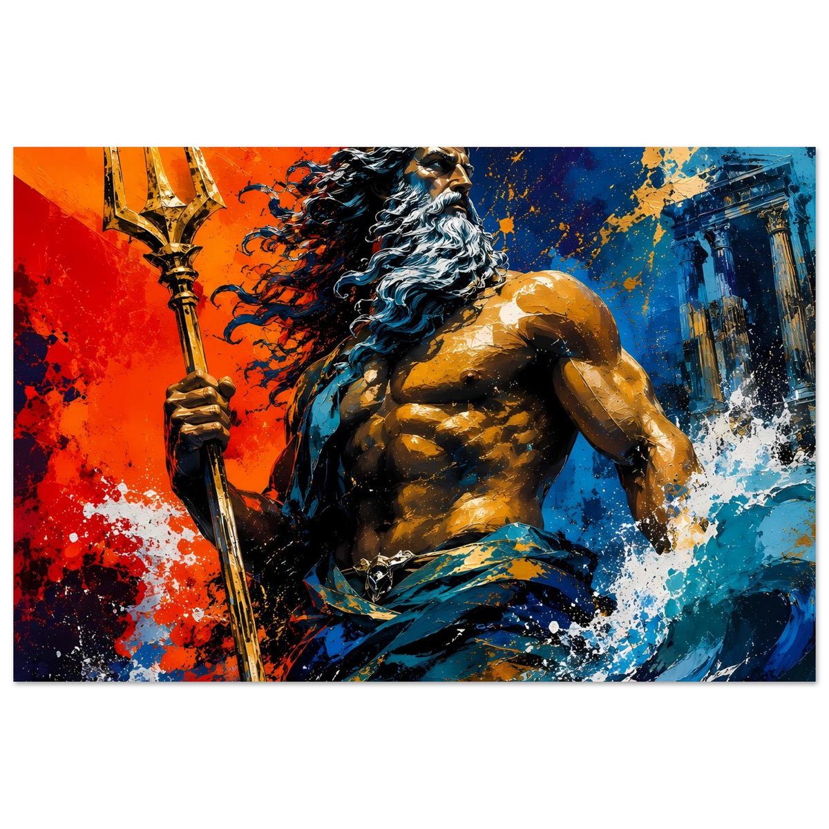 Horizontales Poster: Poseidon mit Dreizack, dynamische blau-orange Spritzer und Wellen