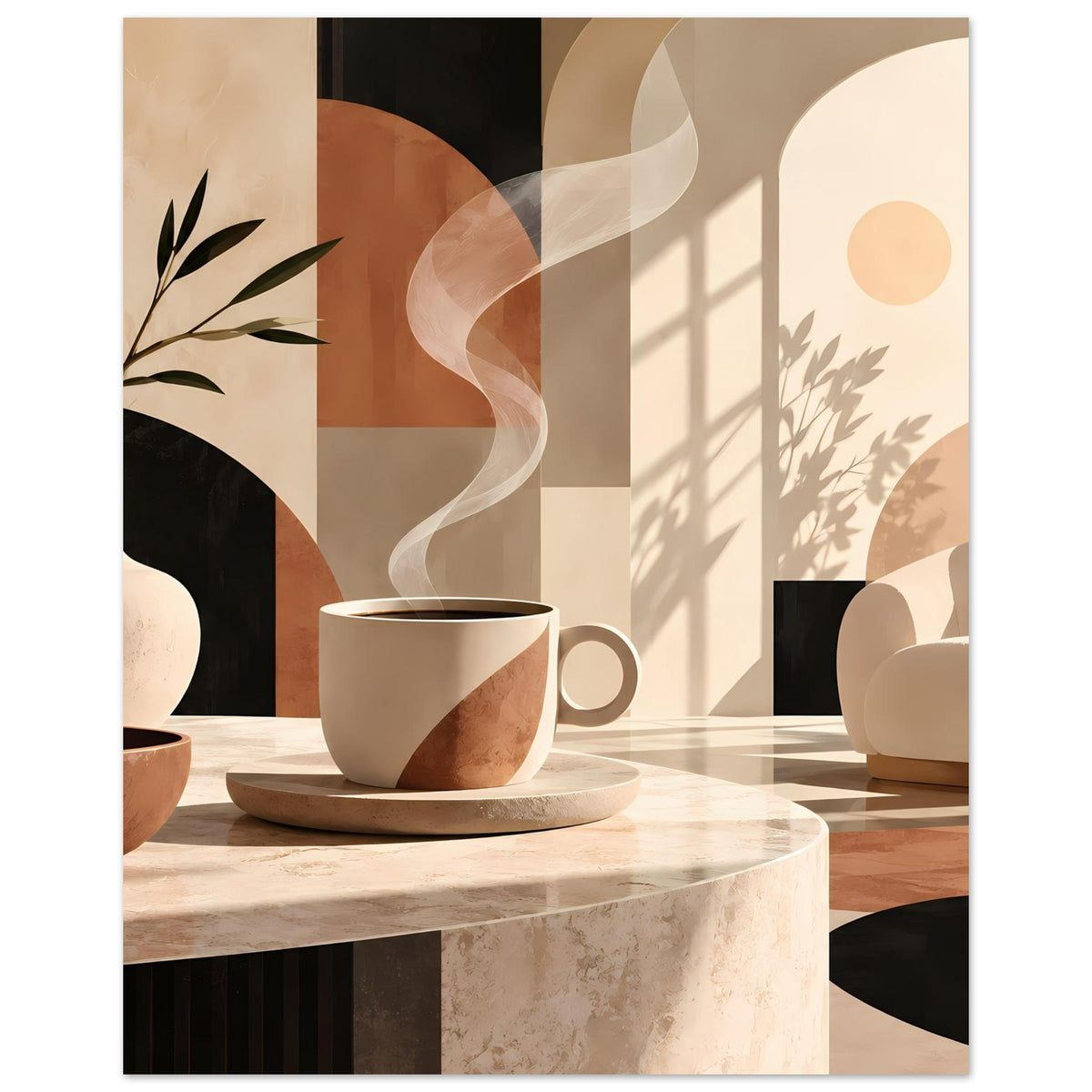 Wandposter Hochformat mit warmer Erdtönen-Grafik: Kaffeetasse, Schattenmuster, Blätter