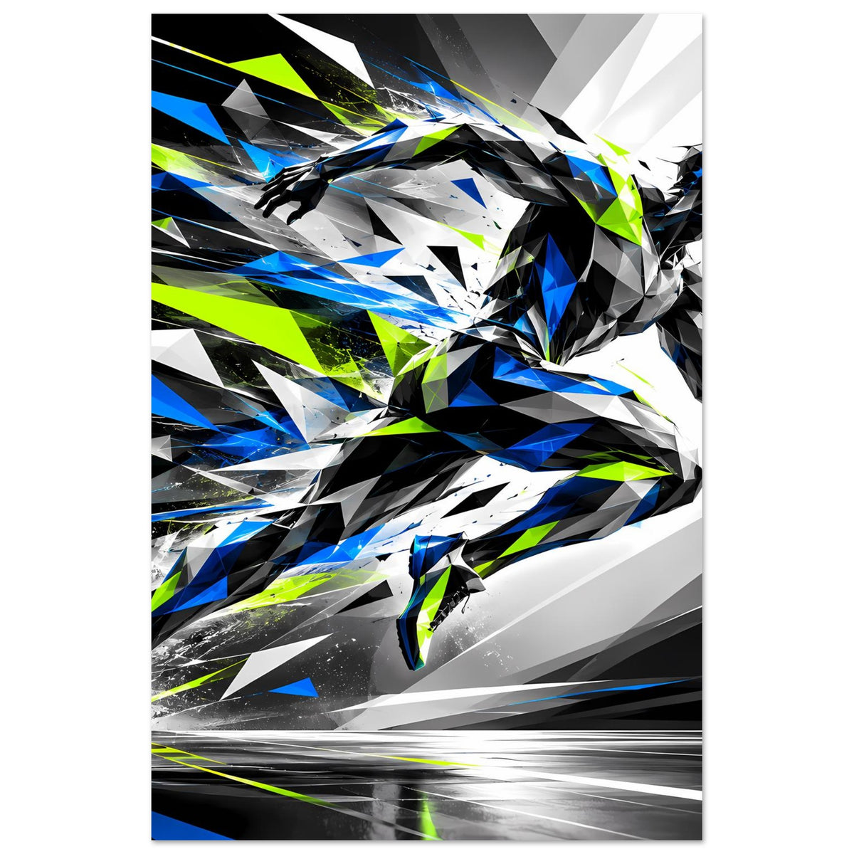 Laufkunst-Poster mit scharfkantiger Läufer-Grafik, starke Kontraste aus Blau, Schwarz und Neon-Grün