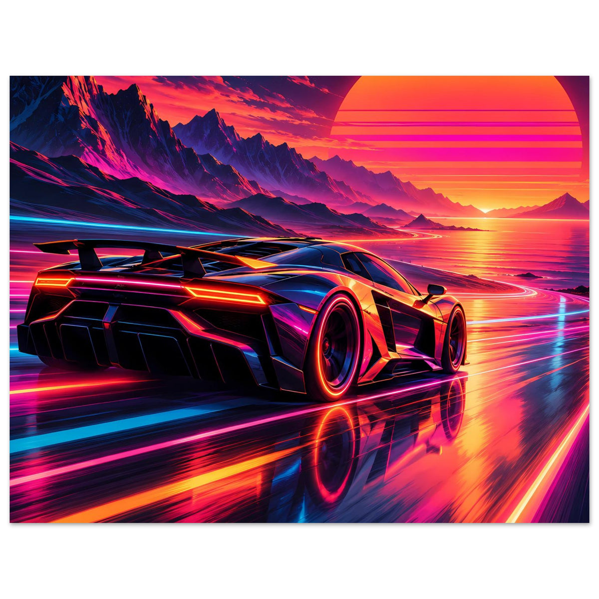 Querformat-Poster mit futuristischem Sportwagen, Neon-Lichtspuren und großem orangefarbener Sonne