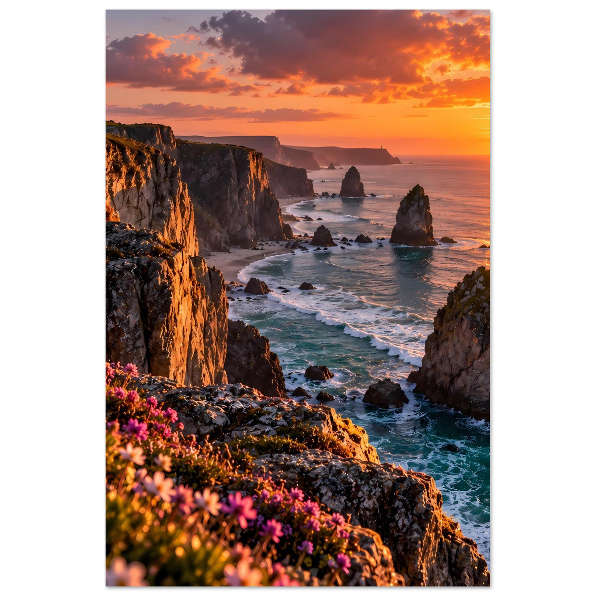 Vertikales Poster: Klippenküste mit Felsen im Wasser, Sonnenuntergang und Blick auf Brandung