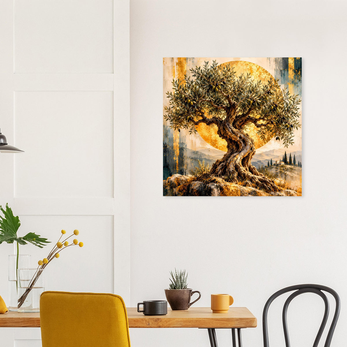 Olivenbaum-Poster mit gebogenem Stamm und goldbraunem Farbverlauf