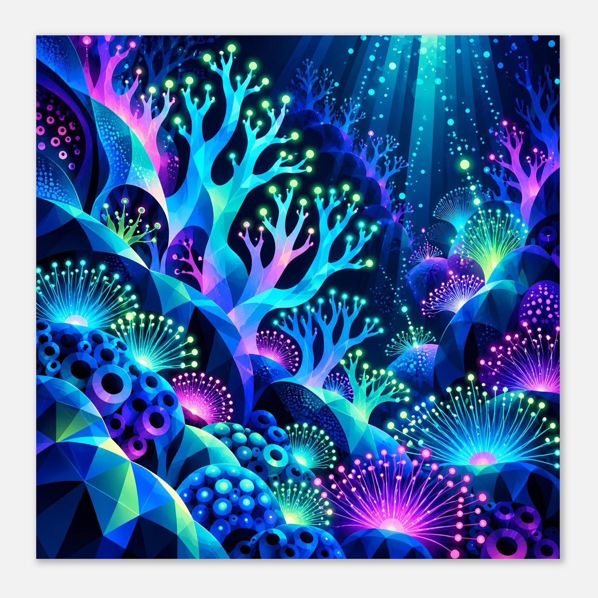 Unterwasser-Poster: leuchtende Unterwasserszene mit bunten Korallen und Lichtfontänen