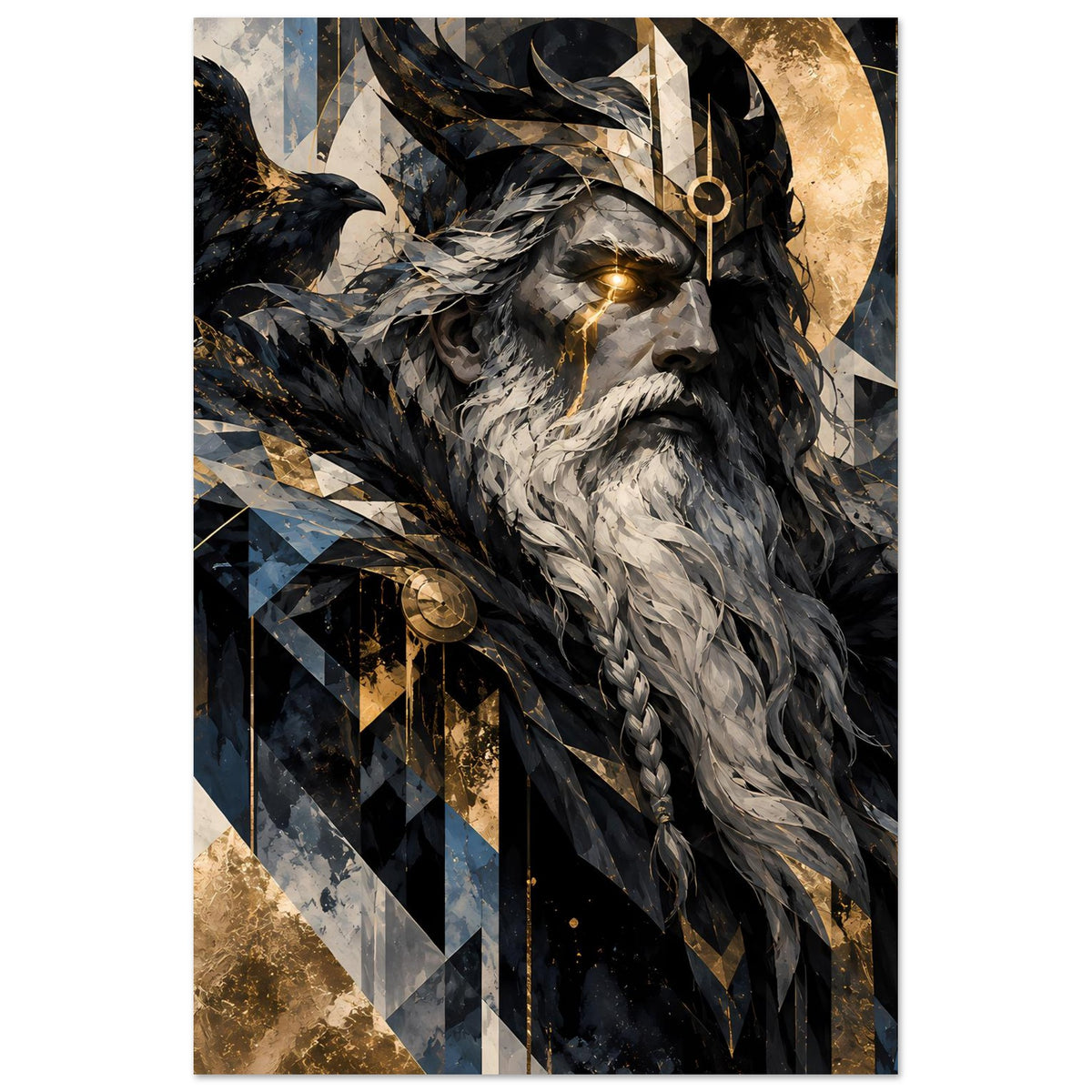 Poster mit Odin im 3/4-Blick: Rabe, Kettenflechtdetail und Runenmuster in Schwarz, Gold, Blau
