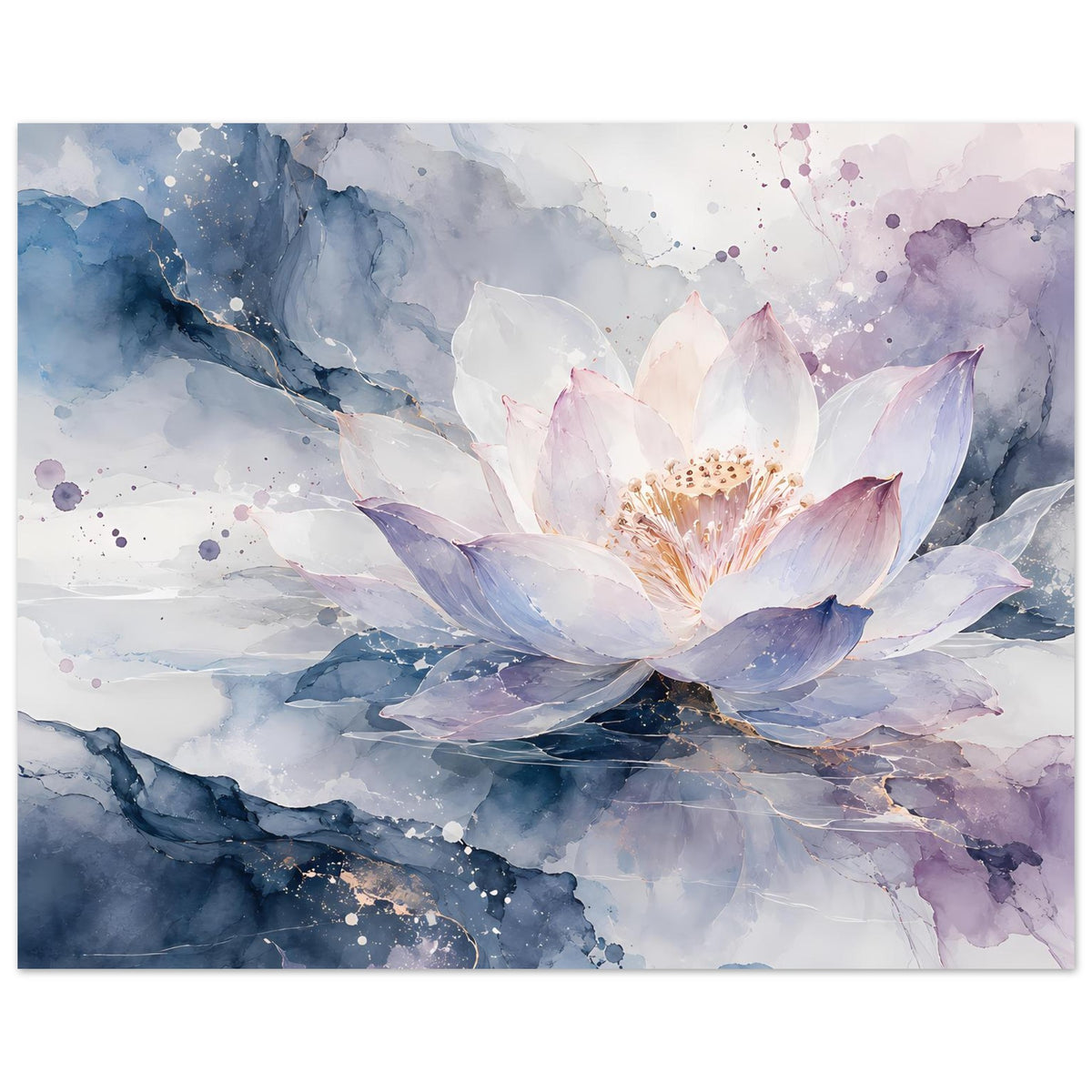 Breitformatiges Lotusblütenposter: weiße Blütenblätter mit rosa Licht und blau-violetten Farben