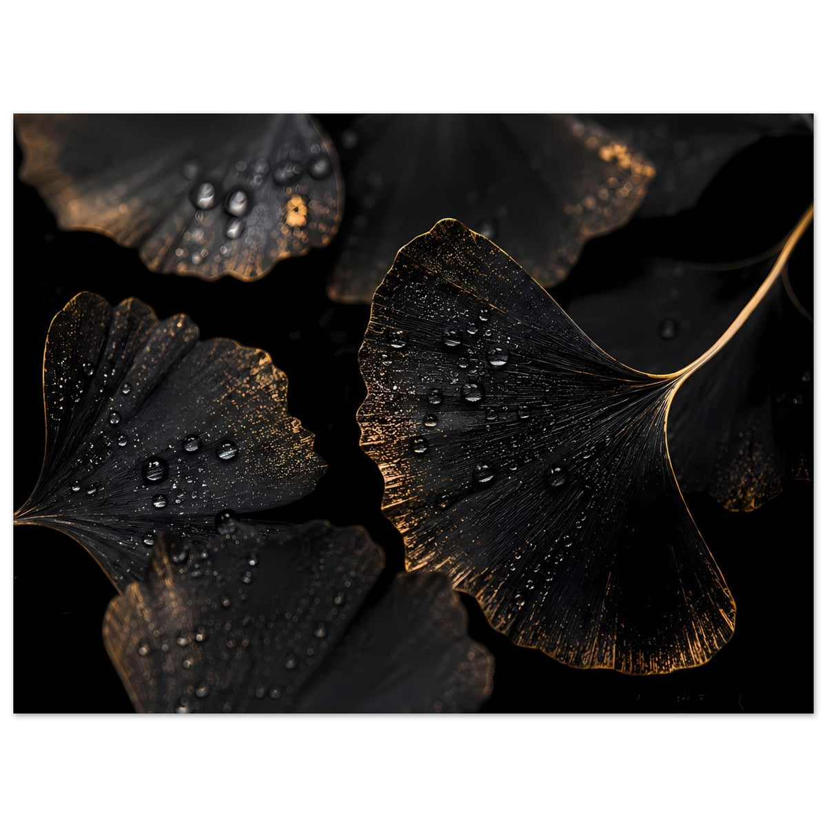 Horizontales Poster mit Ginkgo-Blättern in Schwarz und Gold, feine Wassertropfen am Laub