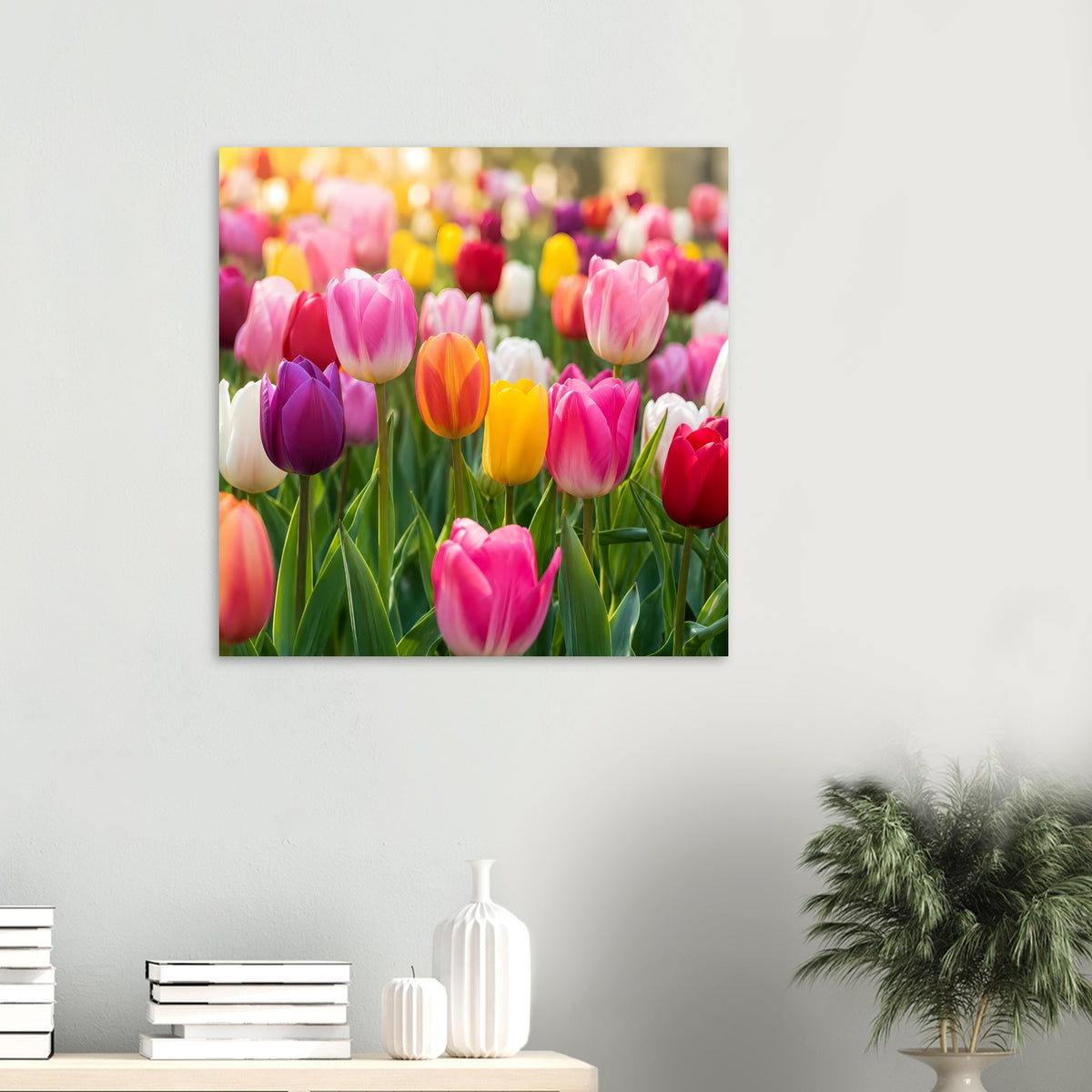 Quadratisches Tulpen-Gartenposter mit rosa und gelben Tulpenblüten im Nahmotiv