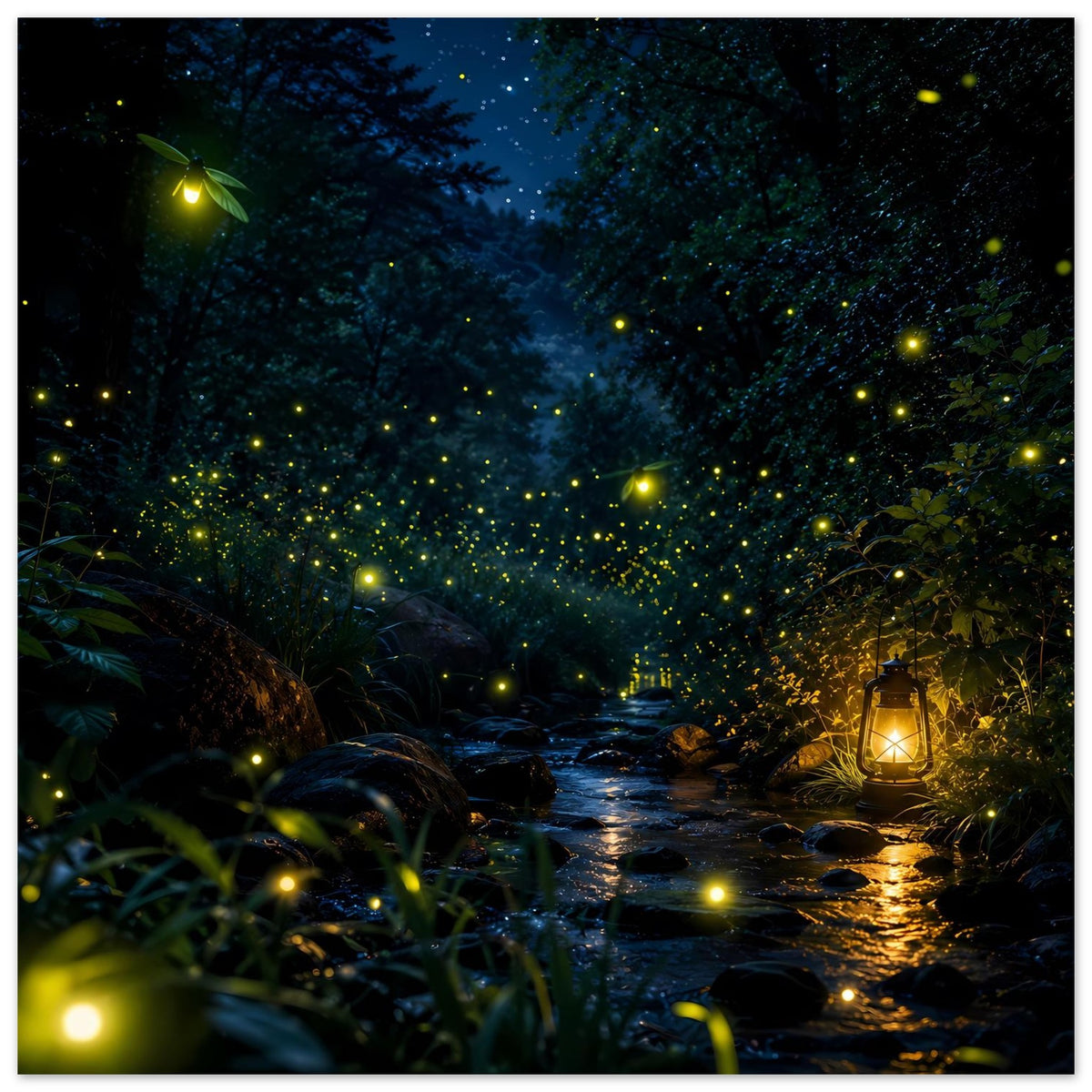 Poster: Dunkler Wald mit Glühwürmchen-Lichtern, Bach und Laterne im Vordergrund