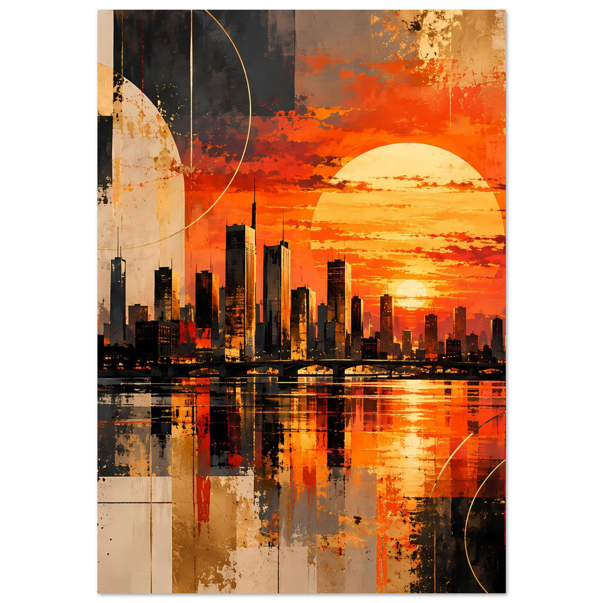 Poster mit abstrakter Stadtansicht, orangefarbenem Sonnenuntergang, großer Sonne und Spiegelung im Wasser
