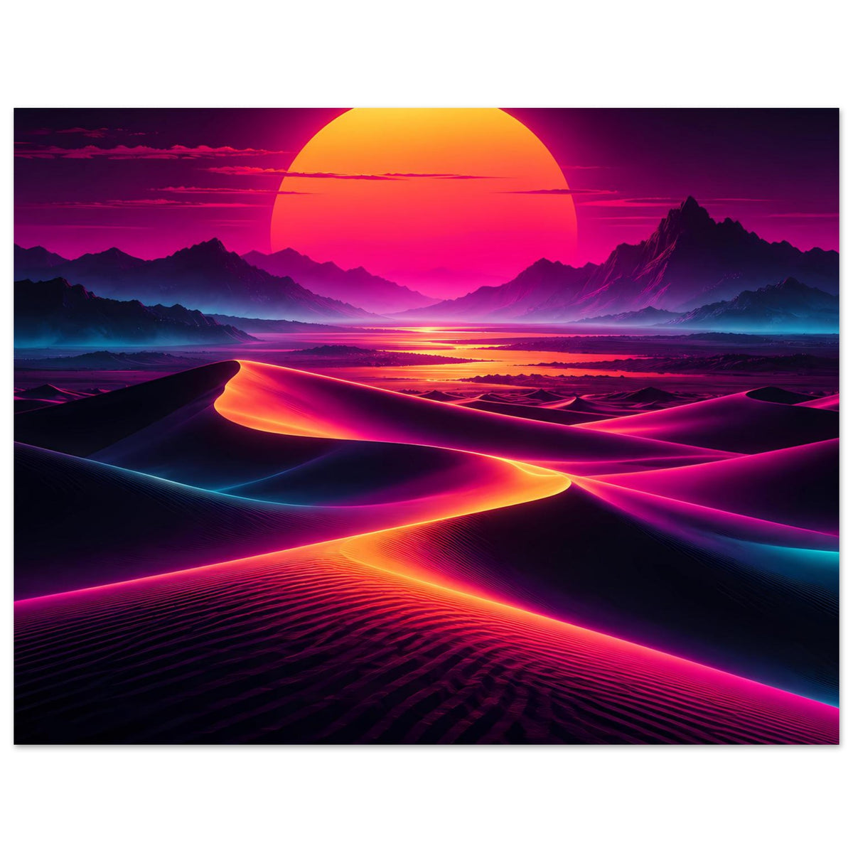 Neon-Wüstenlandschafts-Poster im Querformat, naher Bildausschnitt mit großer Sonne und Lichtspuren