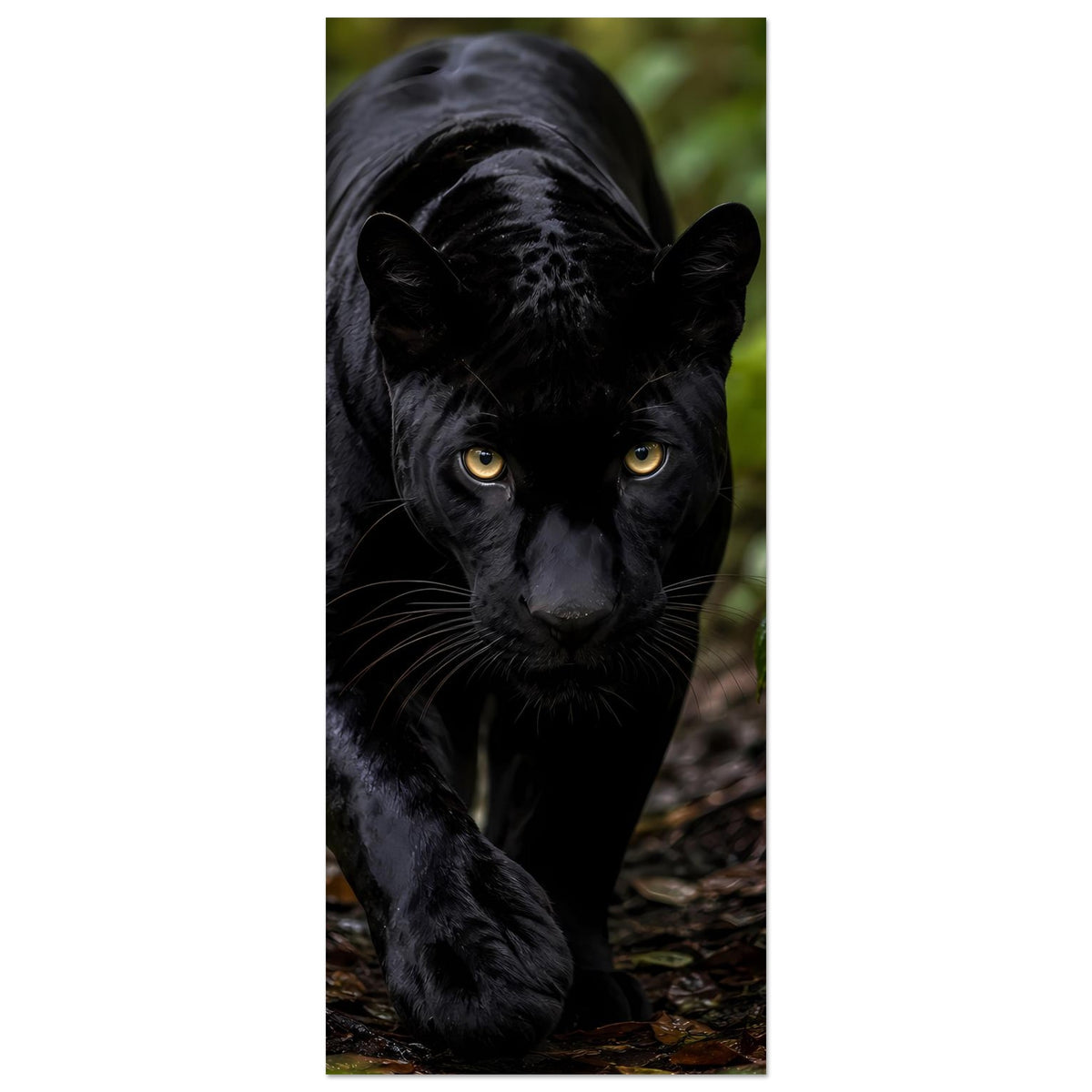 Vertikales Poster mit schwarzem Panther, vorderer Blick, Dschungel