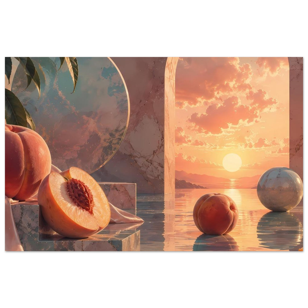 Poster im Querformat mit Pfirsichstillleben: Rundbogen-Sonnenuntergang und Fruchtstücke am Rand