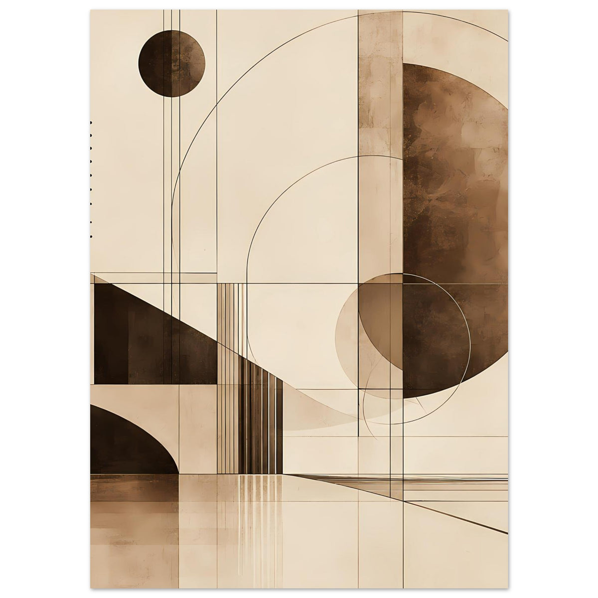 Geometrischer Kunstdruck mit sepia Farbverlauf: große Kreise, Rechteckfelder und feine Linien.