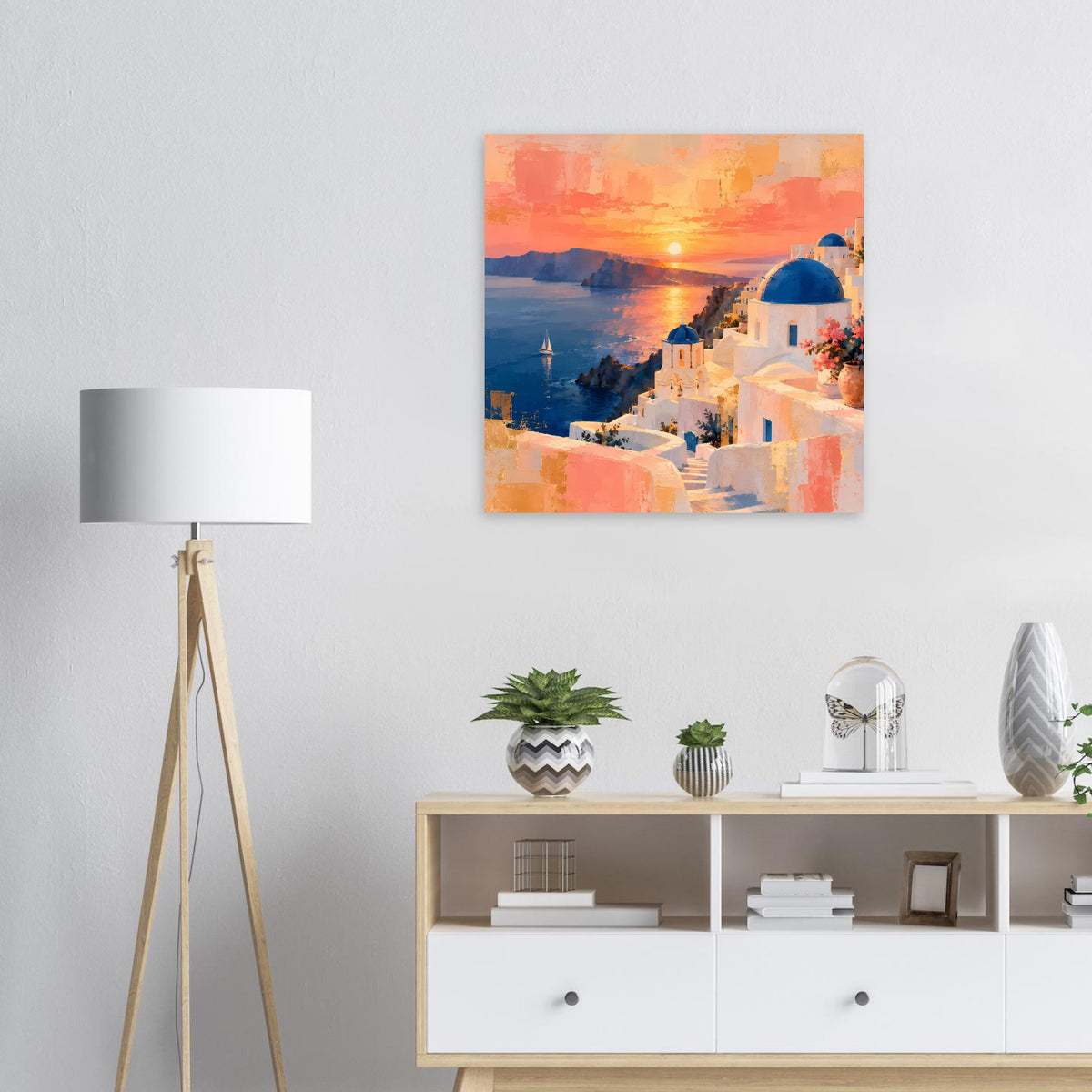 Quadratisches Poster mit Sonnenuntergang über Meer und weißen Häusern mit blauer Kuppel