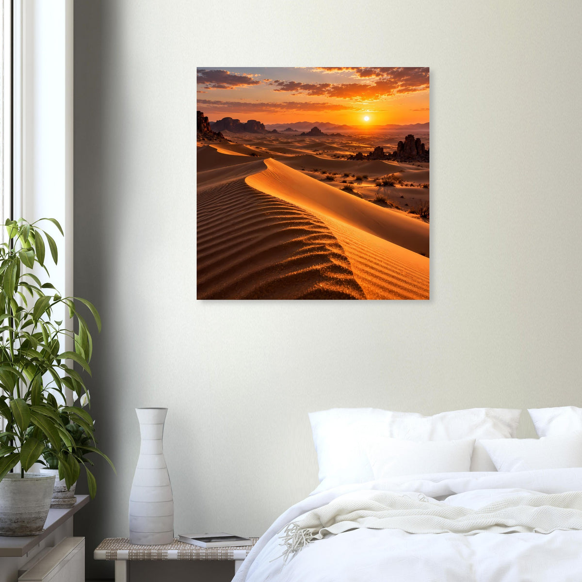 Wüstenlandschafts-Poster mit Sonnenuntergang, goldene Dünenlinie und heller Sonnenball