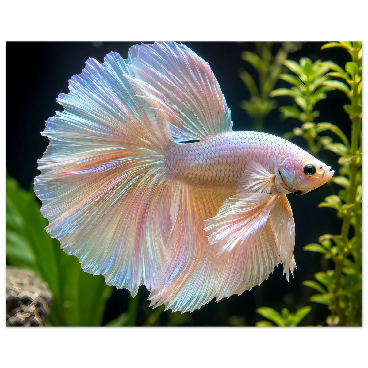 Betta-Fischposter mit großer Flossenfächeransicht, Schuppen und hell gefärbte Barteln