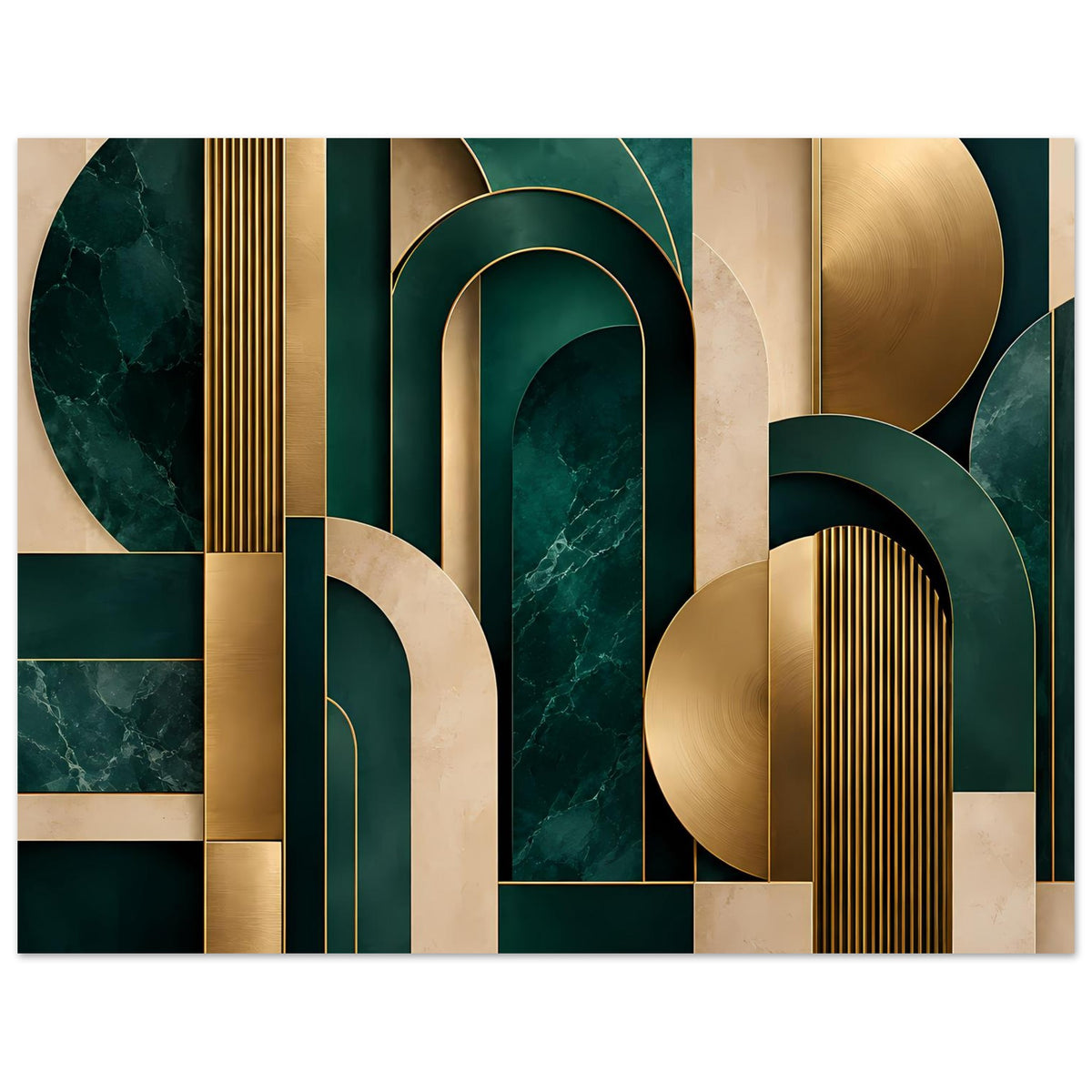 Art-Deco-Poster: gold-dunkelgrüne Geometrie mit Arkaden, Bögen und vertikalen Streifen