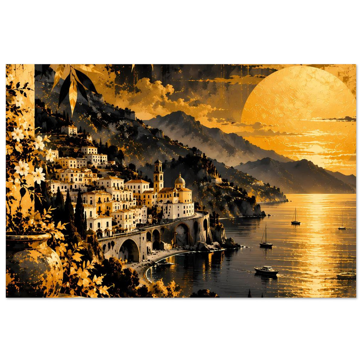 Horizontales Wandposter: Küstendorf am Meer, Bogenbrücke, warmes Sonnenuntergangslicht
