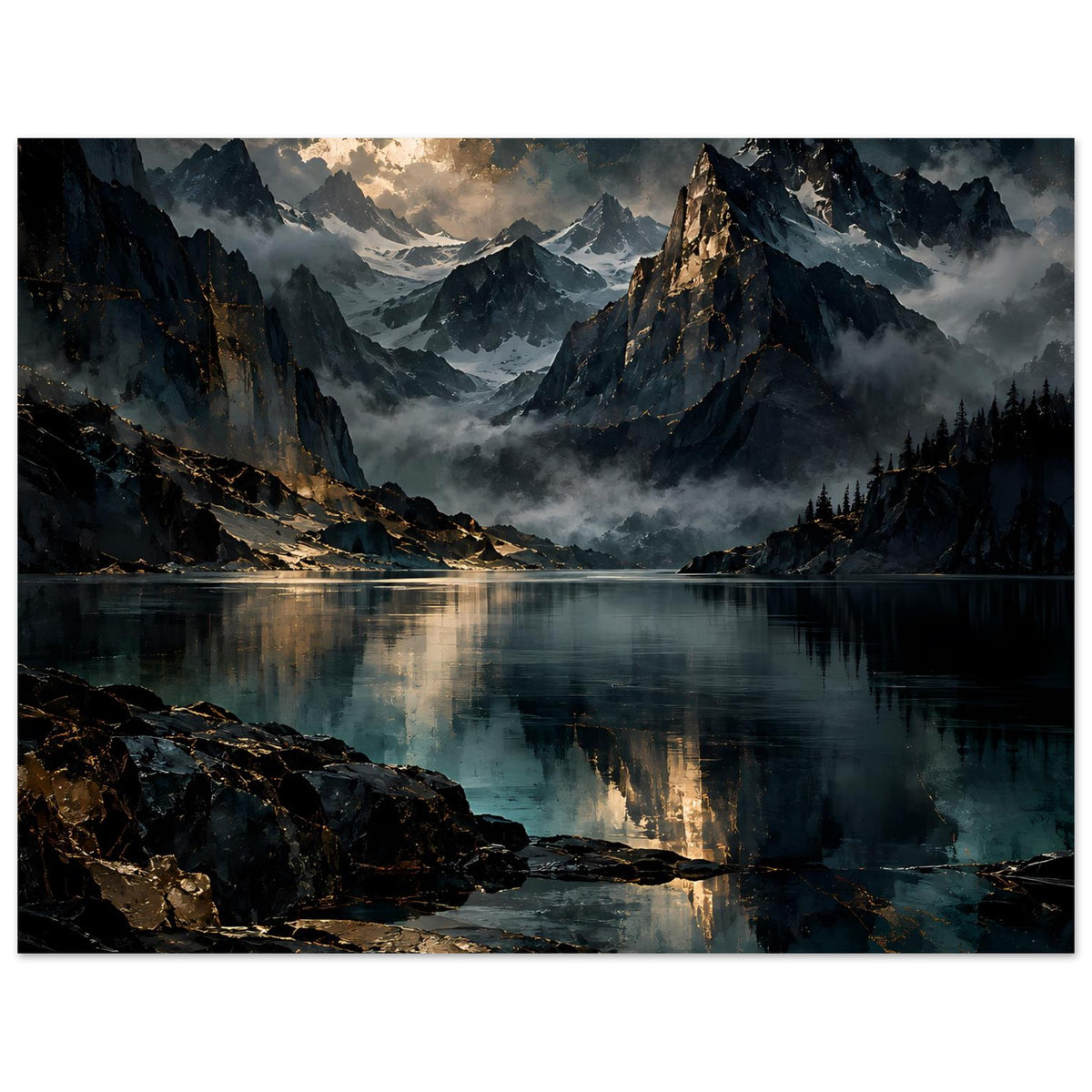 Poster mit Bergsee-Landschaft im Querformat: dunkle Berge, Nebelwolken und Spiegelung im Wasser