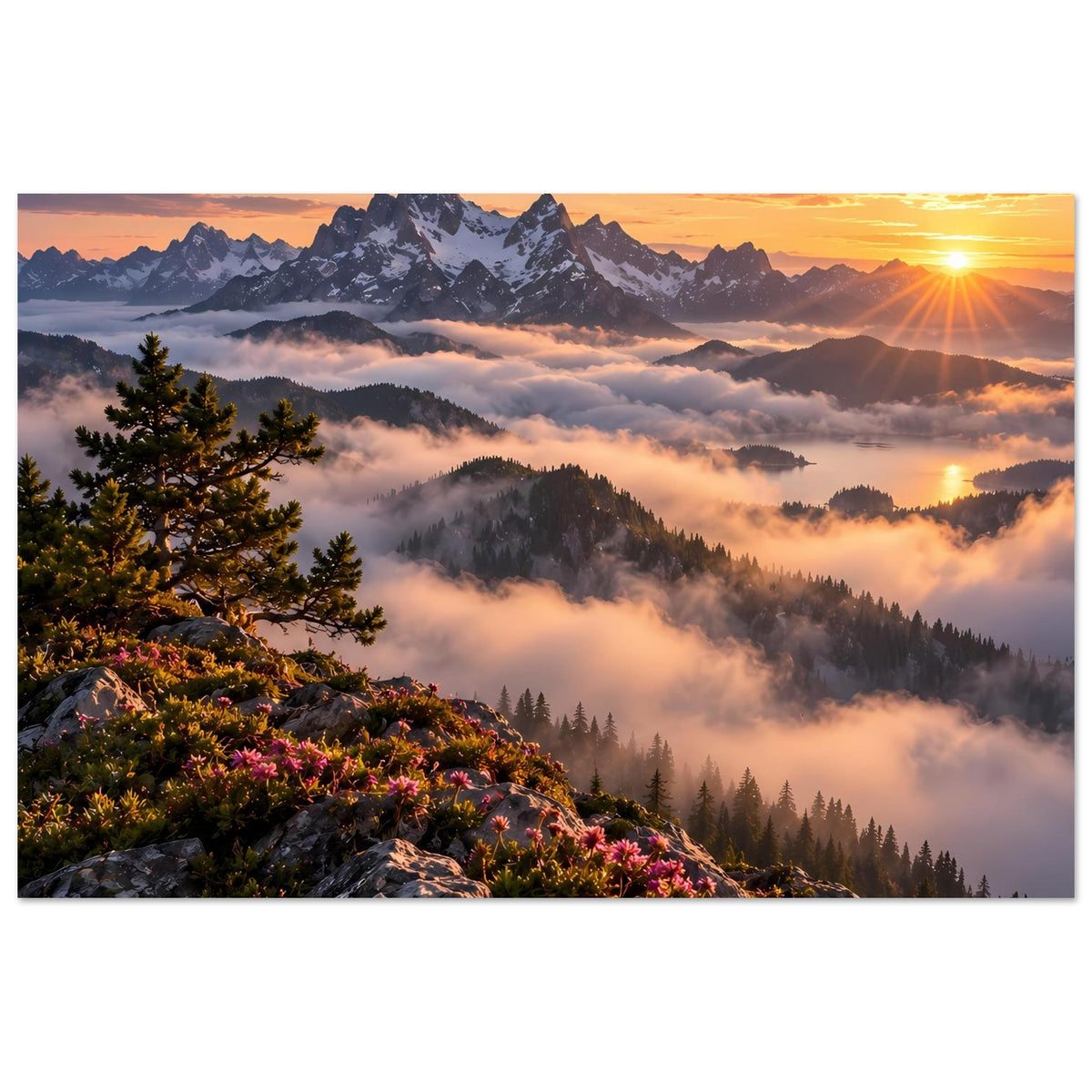Poster im Querformat mit Sonnenaufgang, Tanne auf Felsen, Wolken und Bergkette