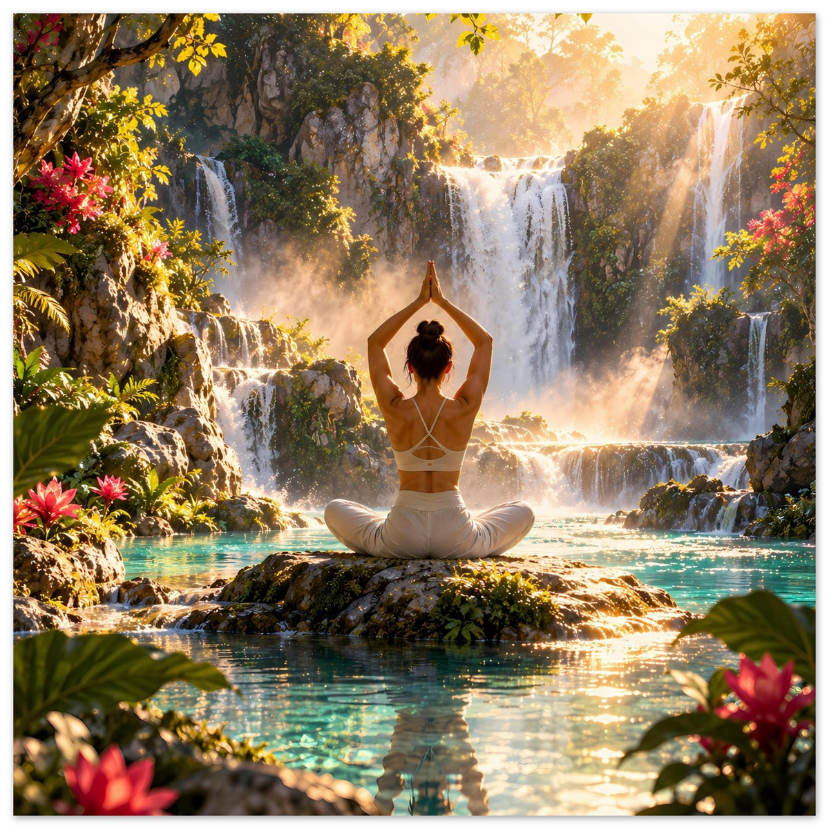 Yoga-Meditationsposter: Frau im Schneidersitz mit erhobenen Händen vor Wasserfall und See.