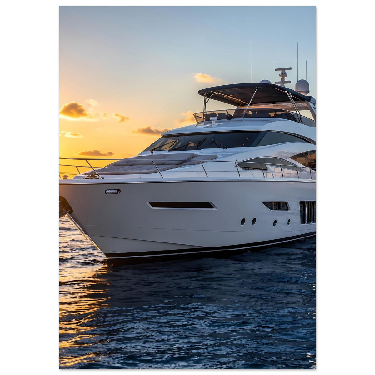 Poster mit weißer Yacht im Seitenprofil bei Sonnenuntergang, sanfte Blau- und Goldtöne