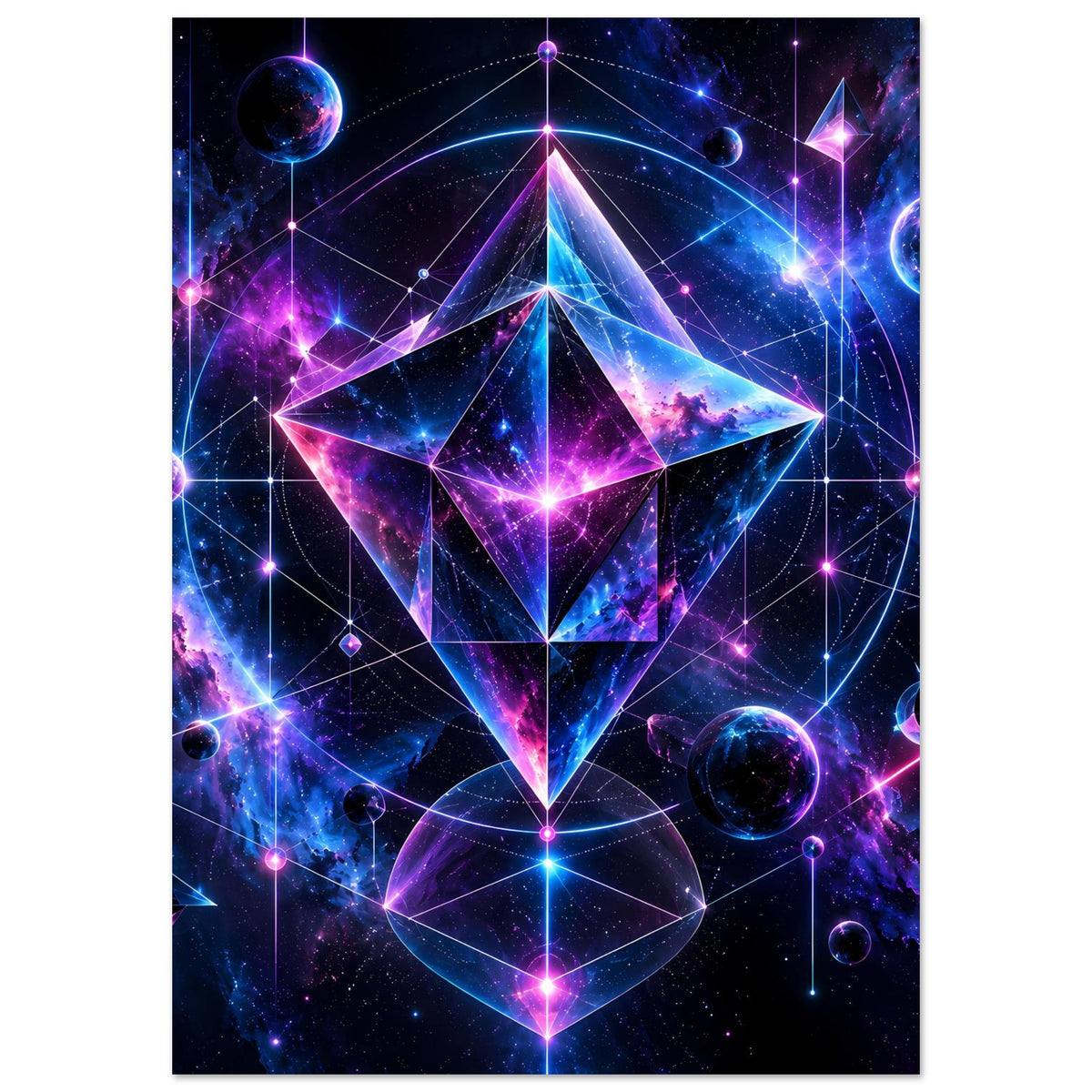 Kosmos-Geometrie-Poster mit Stern-Diamant-Form, Planeten und leuchtenden Verbindungen, vertikal