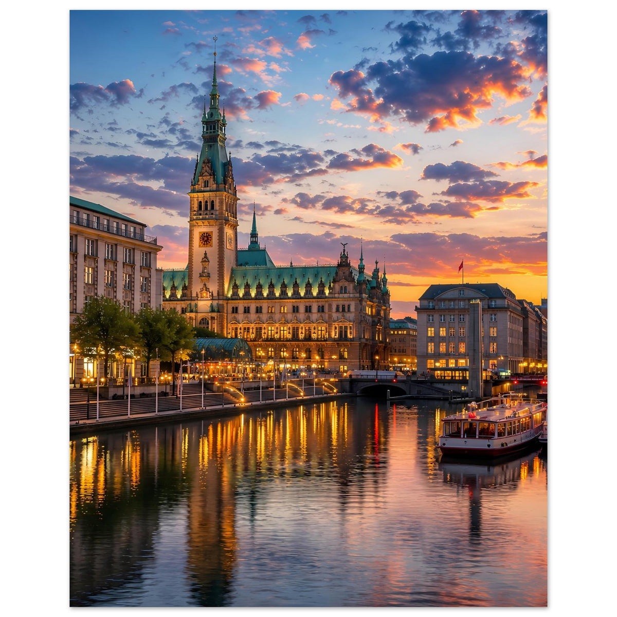 Stadtansichten-Plakat mit hohem Kirchturm, brennenden Fenstern und spiegelndem Wasser