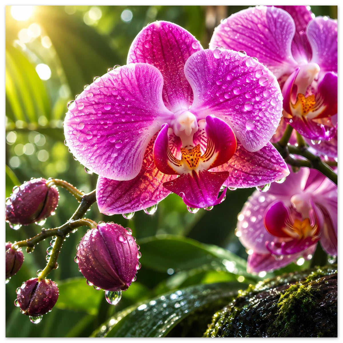 Blumenposter mit pinken Orchideenblüten, Wassertropfen und weiteren Blüten im Vordergrund