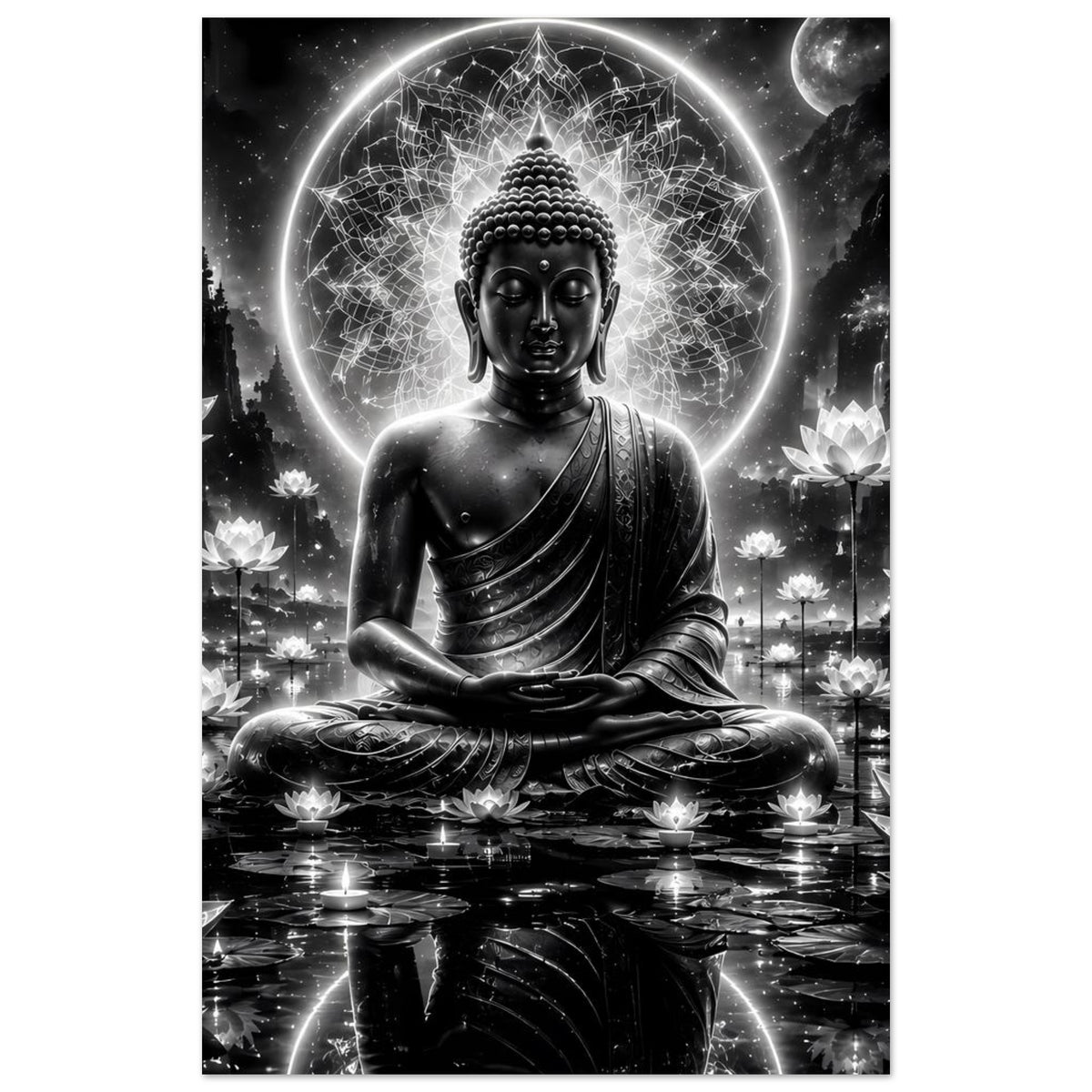 Buddha-Poster im Meditationssitz, schwarzweiß, schlankes Hochformat mit Aura-Ring