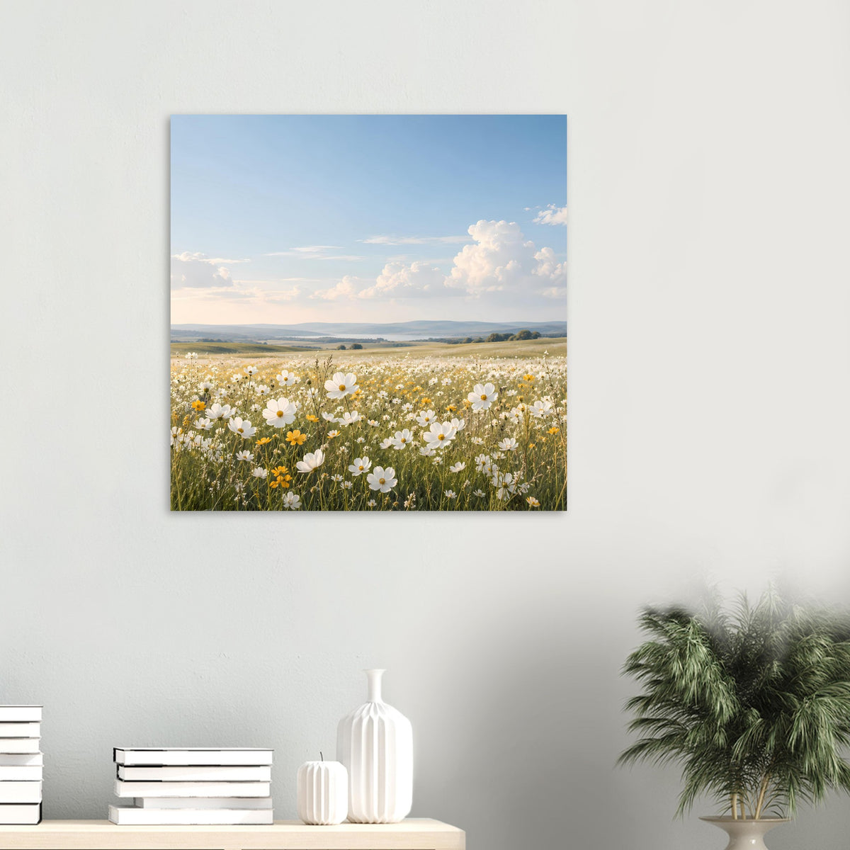 Kleines Blumenwiesen-Poster im Querformat mit Blumenmeer aus weißen und gelben Blüten