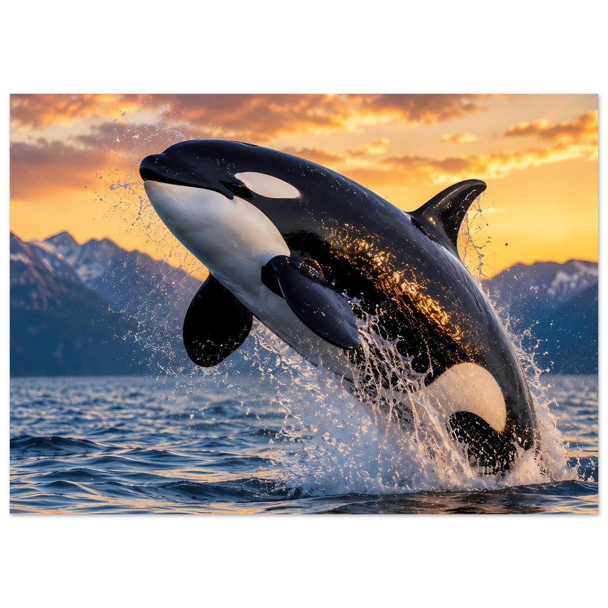 Poster im Querformat: Orca springt aus dem Wasser, dunkle Flossen, Wasserfontänen