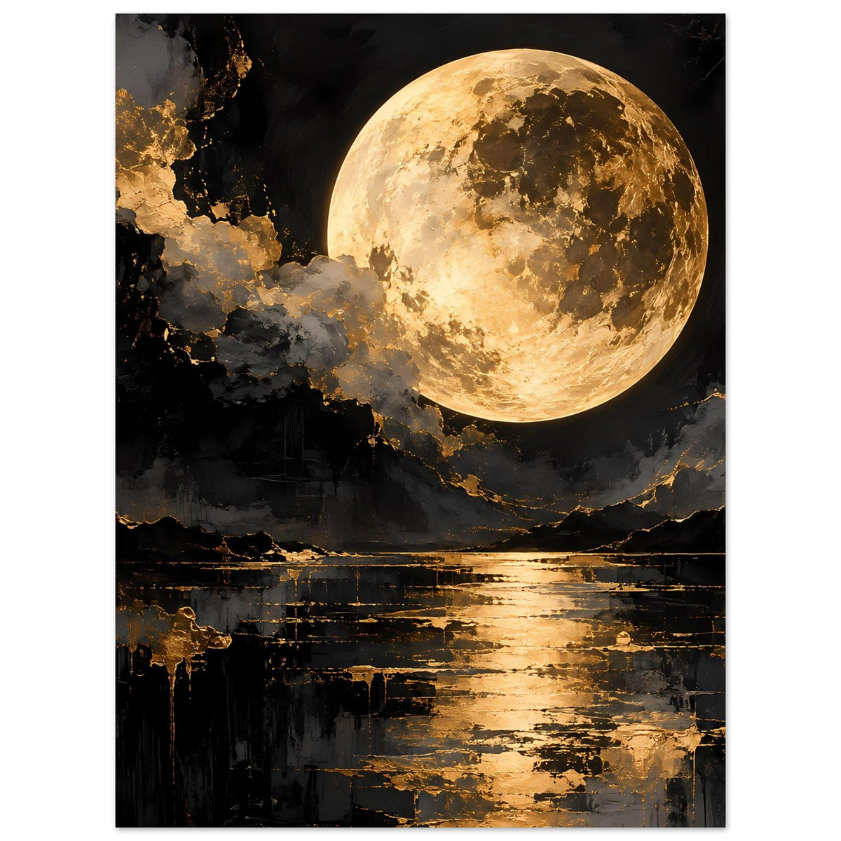 Wandposter mit goldener Mondsichel und abstrakter Landschaft, dunkle Wolken und goldene Streifen