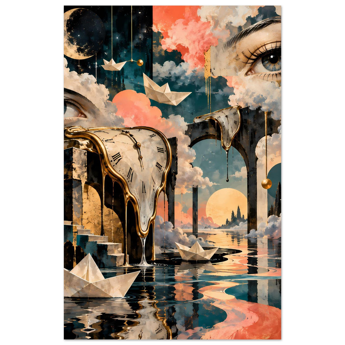 Surreales Poster, enger Ausschnitt mit Augen, goldener Uhr und schwebenden Papierbooten
